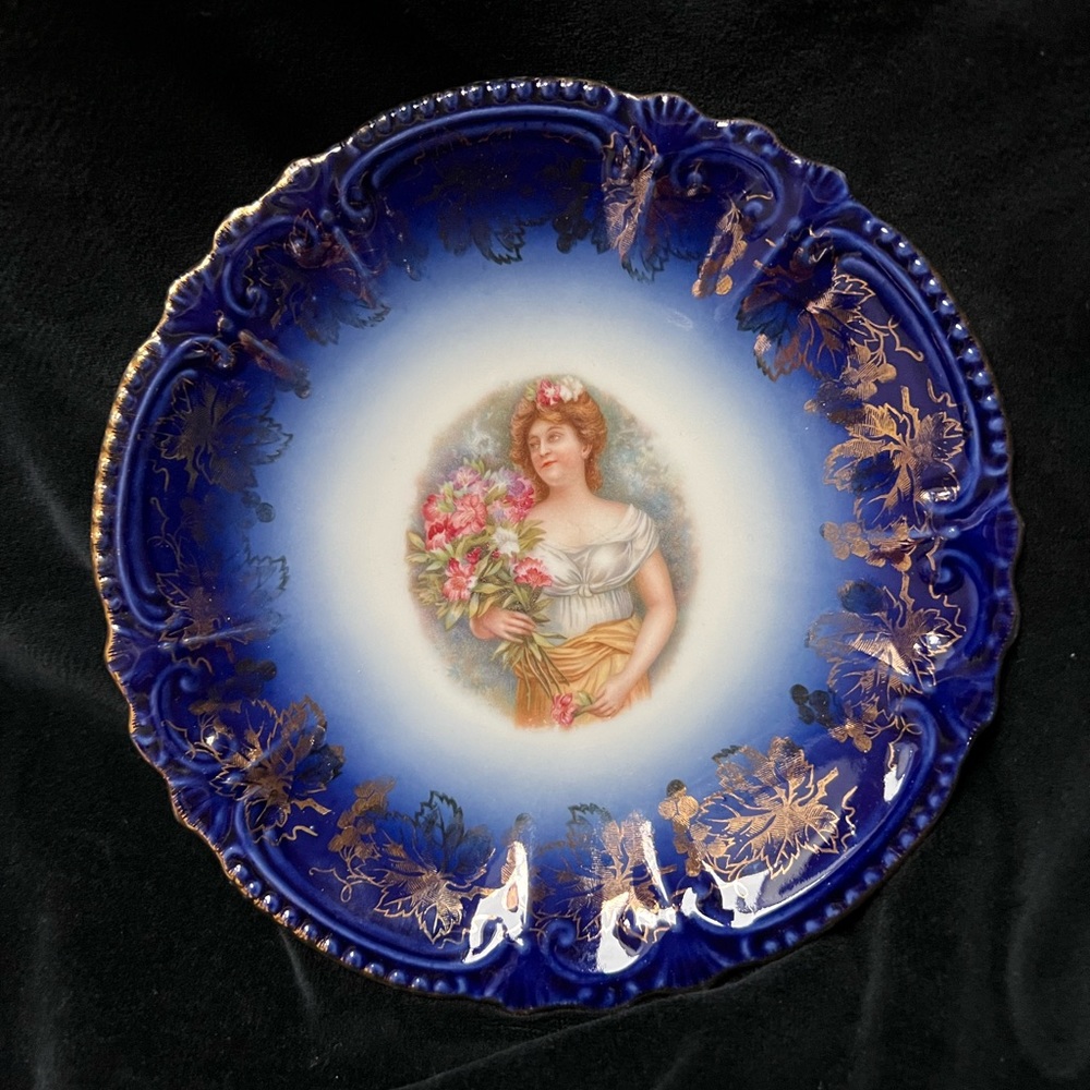 Beautiful Cobalt Royal Bavarian Plate. Girl with Flowers.Heavily gilding.
